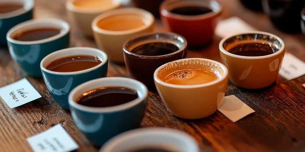 Assorted small cups of coffee on a wooden surface with labels.